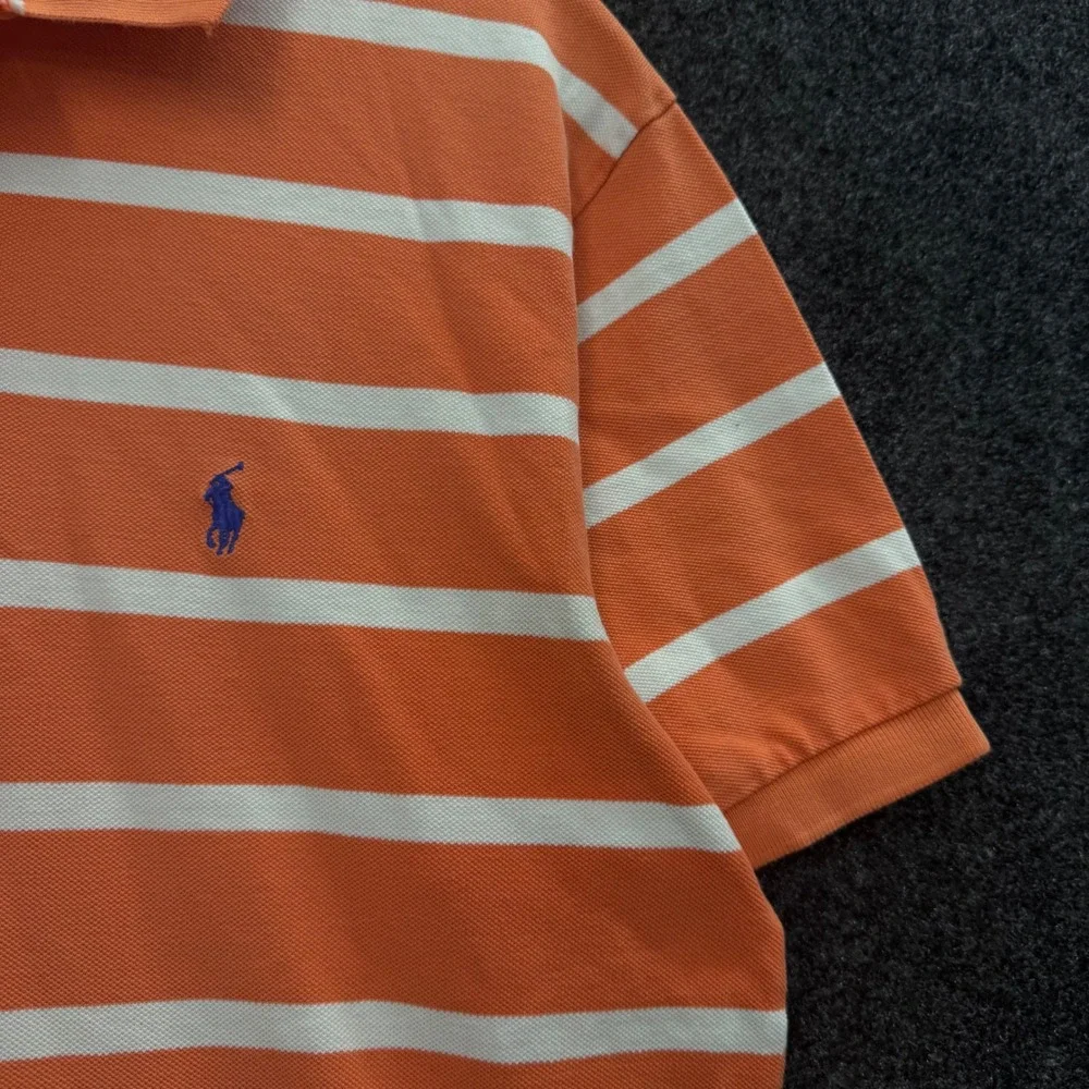 Vintage Polo Ralph Lauren Mens Orange White Striped Cotton Polo Shirt Large